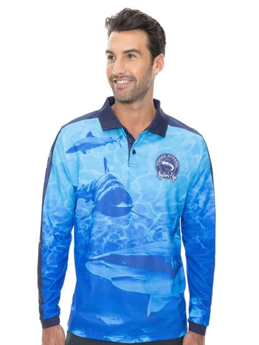 "Anglers Edge Men's Fishing Polo Shirt - Blue Shark Design Long Sleeve Performance Top"