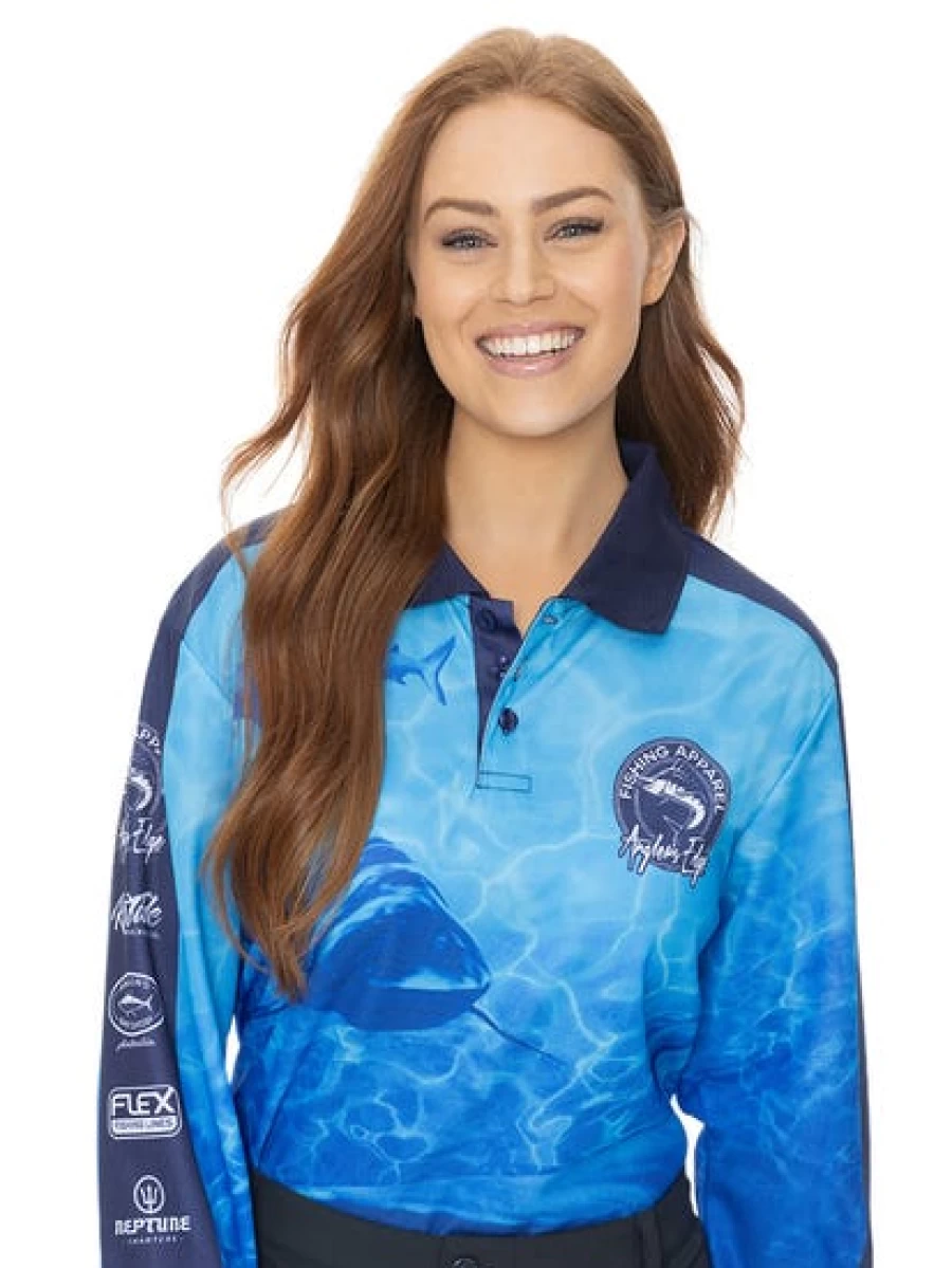 "Anglers Edge Men's Fishing Polo Shirt - Blue Shark Design Long Sleeve Performance Top"