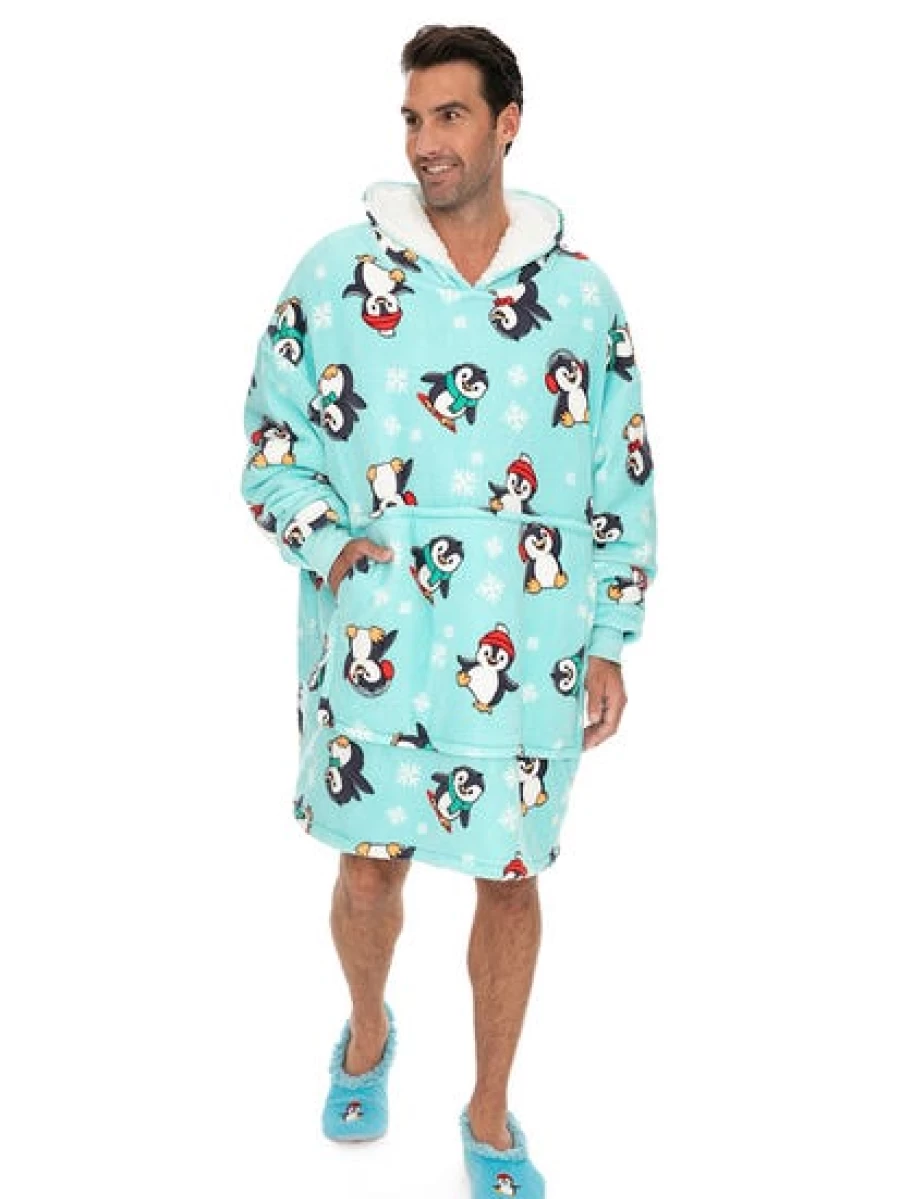 Lowes Men's Penguin Blue Hooded Blanket - Soft Fleece Wearable Blanket for Comfort & Warmth