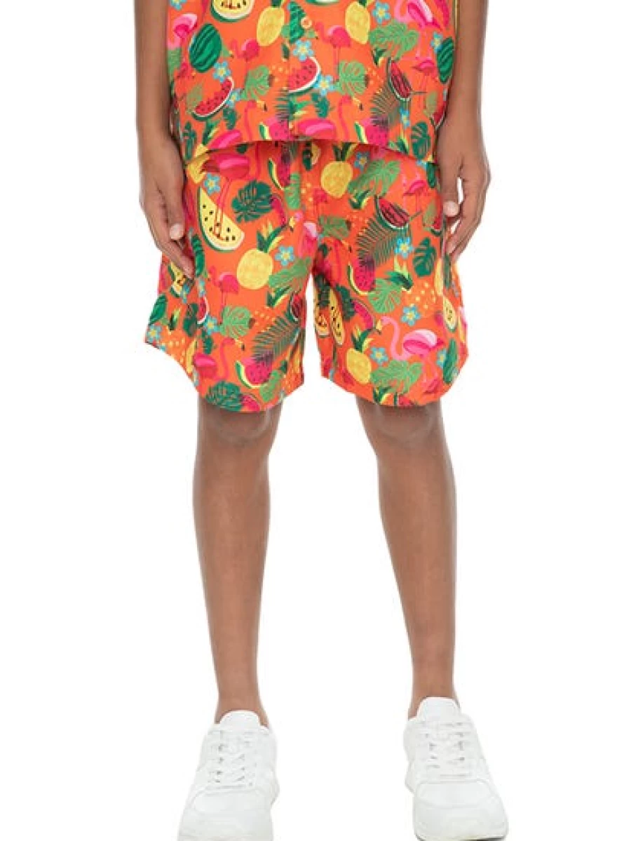 Riley Adams Kids Flamingo Fruit Print Matching Shorts in Orange
