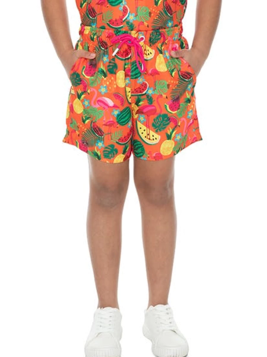 Riley Adams Kids Flamingo Fruit Print Matching Shorts in Orange