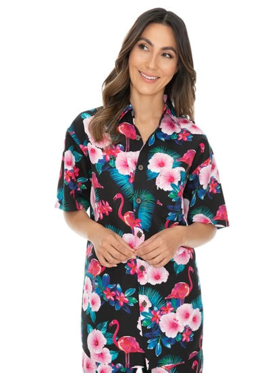 Lowes Men's Hawaiian Shirt with Black Flamingo & Hibiscus Print - Tropical Aloha Shirt