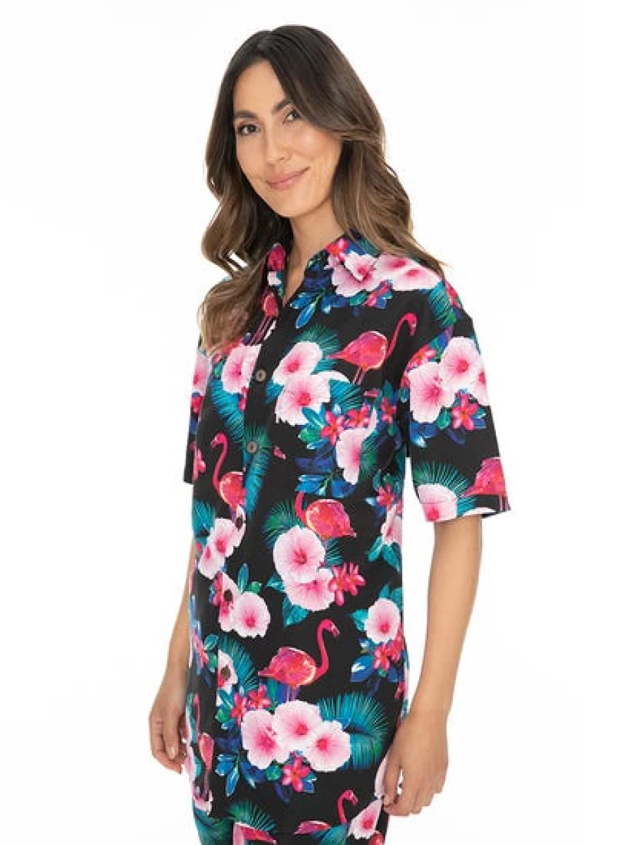 Lowes Men's Hawaiian Shirt with Black Flamingo & Hibiscus Print - Tropical Aloha Shirt