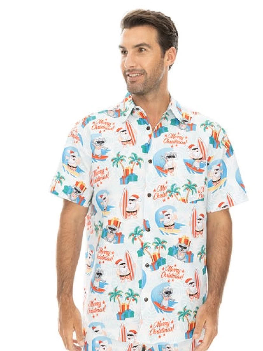 Lowes Men's Christmas Surfing Santa Printed T-Shirt - White Holiday Design