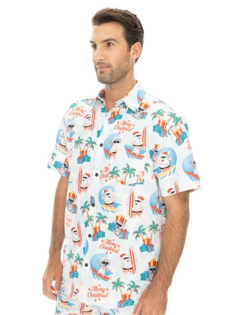 Lowes Men's Christmas Surfing Santa Printed T-Shirt - White Holiday Design