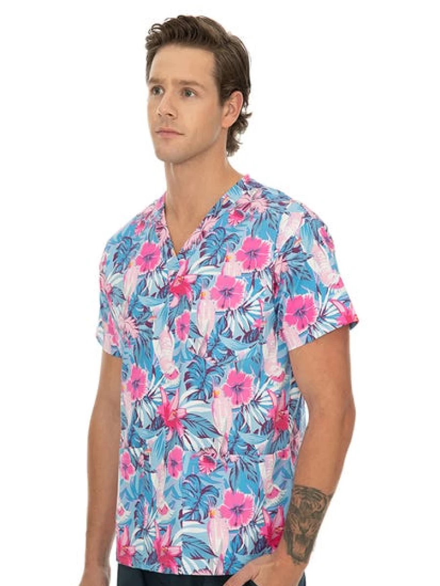 Lowes Men's Hospital Scrubs - Pink Cockatoo Design for Medical Professionals