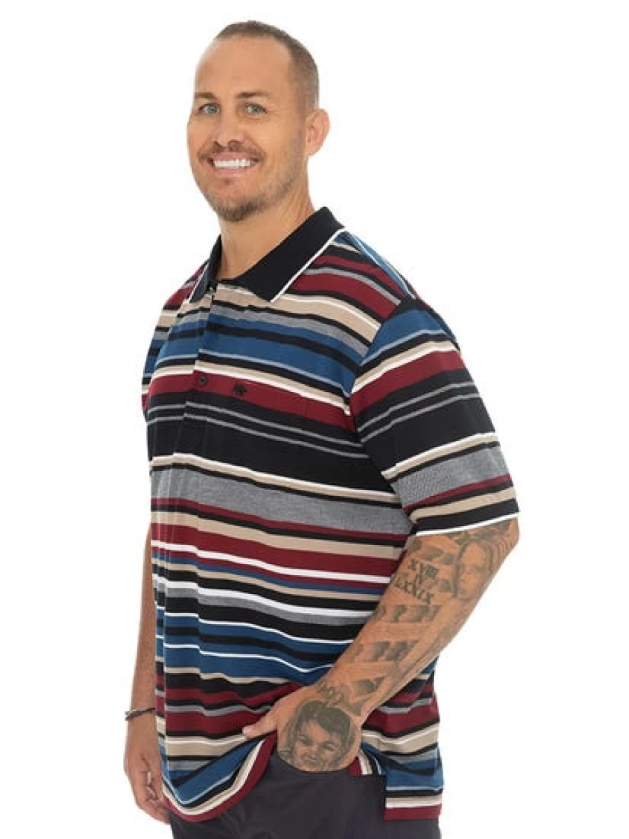 DBK Men's Black & Burgundy Striped Polo Shirt - Big & Tall Casual Top