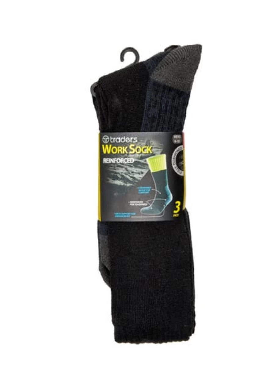 Lowes Men's Black Reinforced Work Socks 3-Pack - Durable Heavy Duty Trader Socks