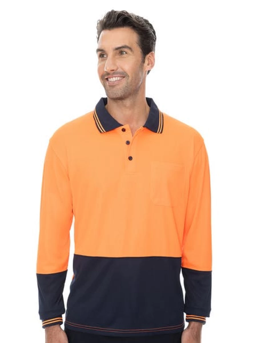 Traders Men's High Visibility Long Sleeve Polo Shirt - Orange & Navy Safety Workwear