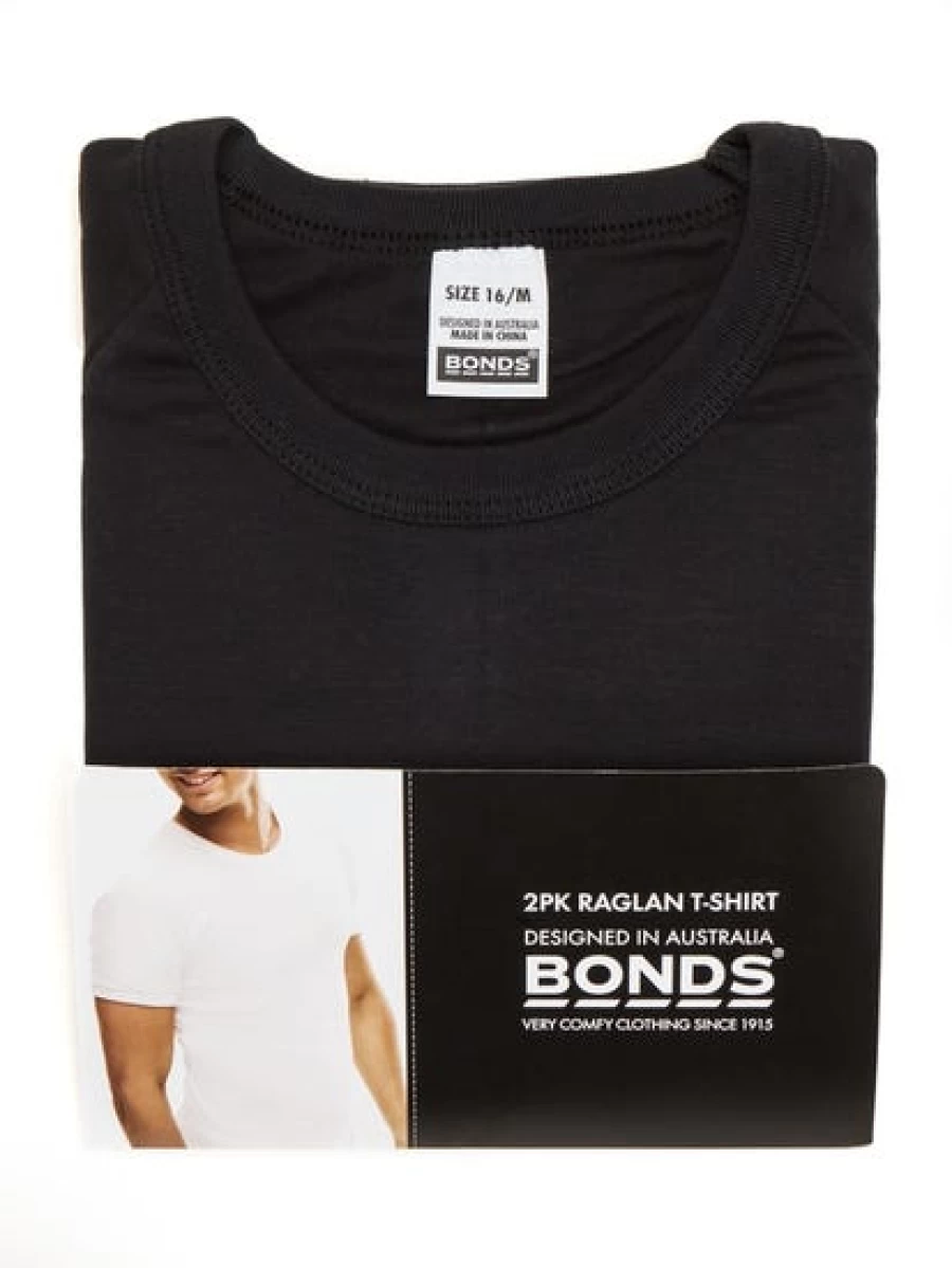 Bonds Men's Black Raglan T-Shirt 2 Pack - Comfort Fit Short Sleeve Crewneck Tees