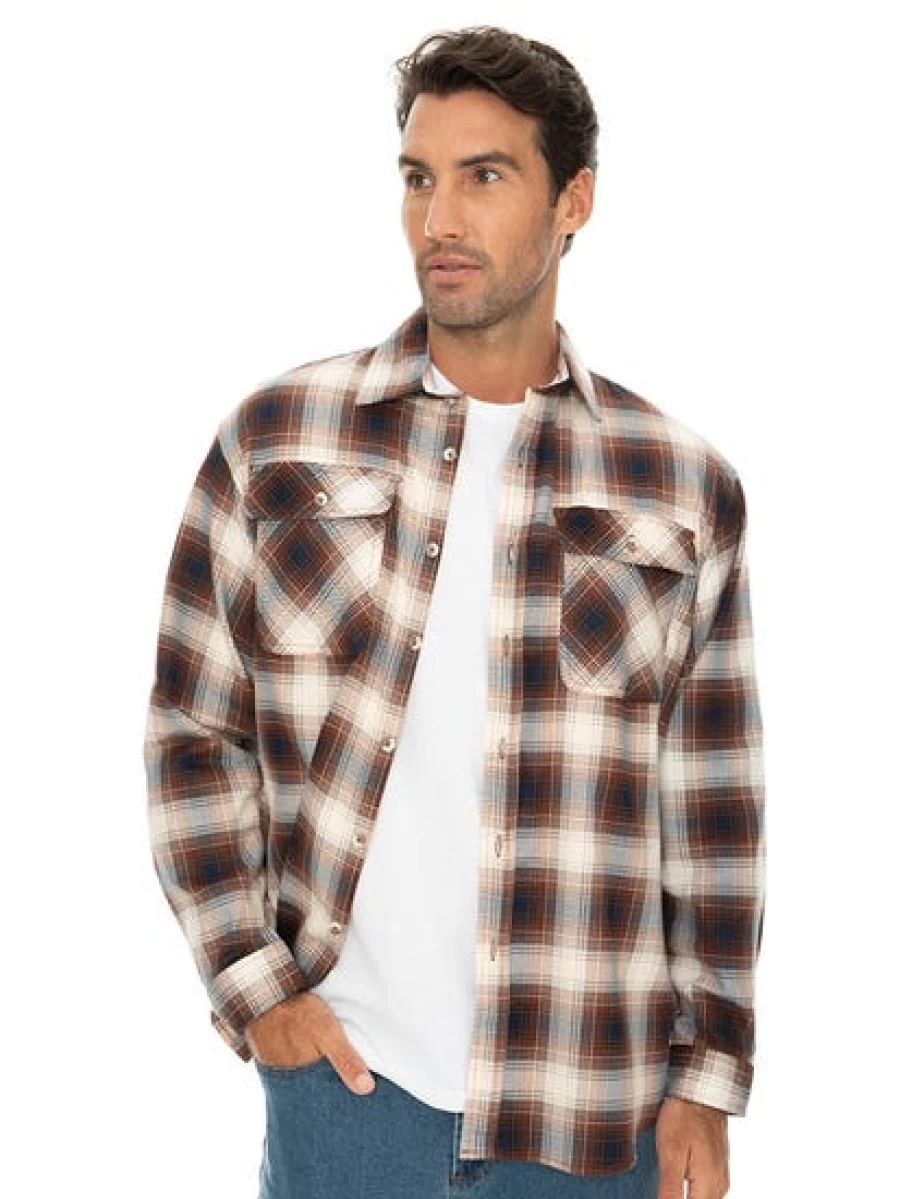 Lowes Men's Brown & Navy Check Flannel Shirt - Soft Casual Long Sleeve Plaid Top