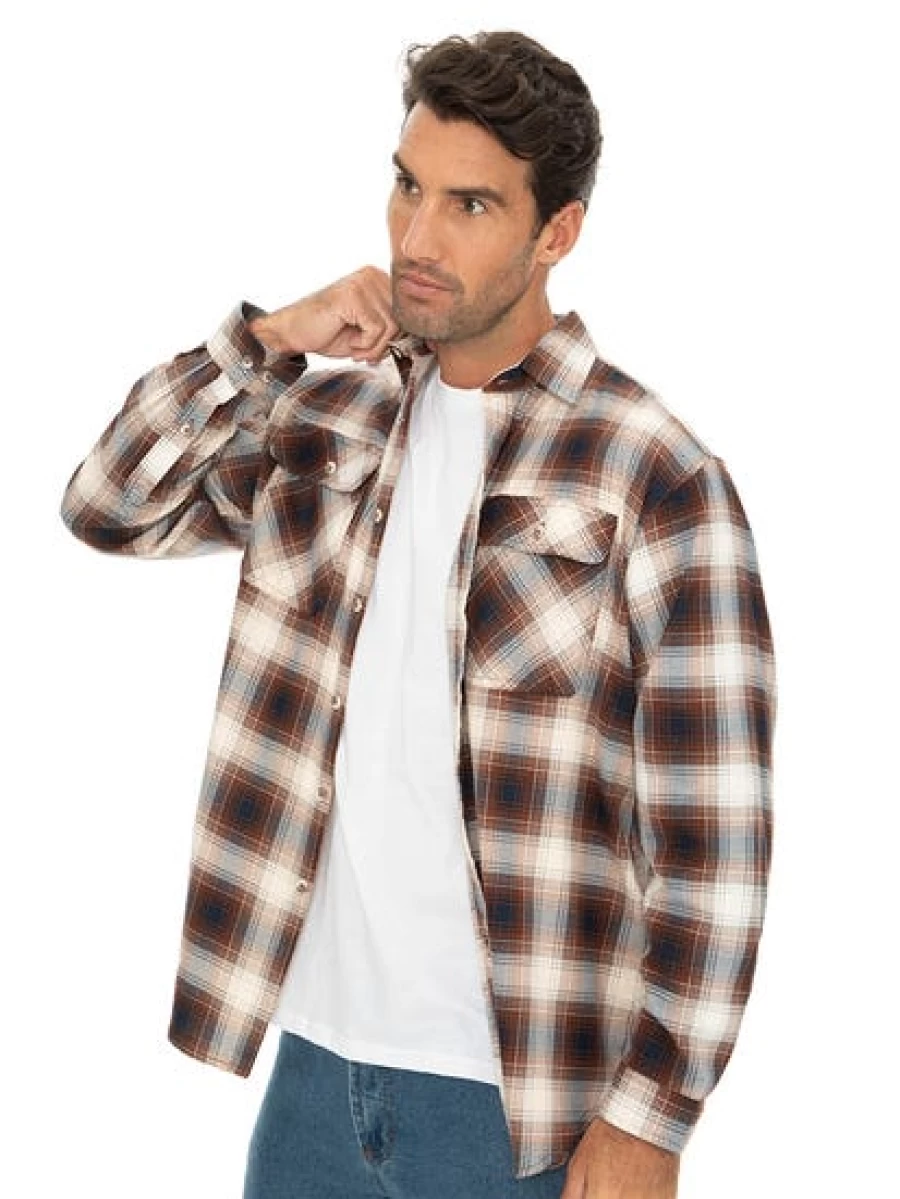 Lowes Men's Brown & Navy Check Flannel Shirt - Soft Casual Long Sleeve Plaid Top