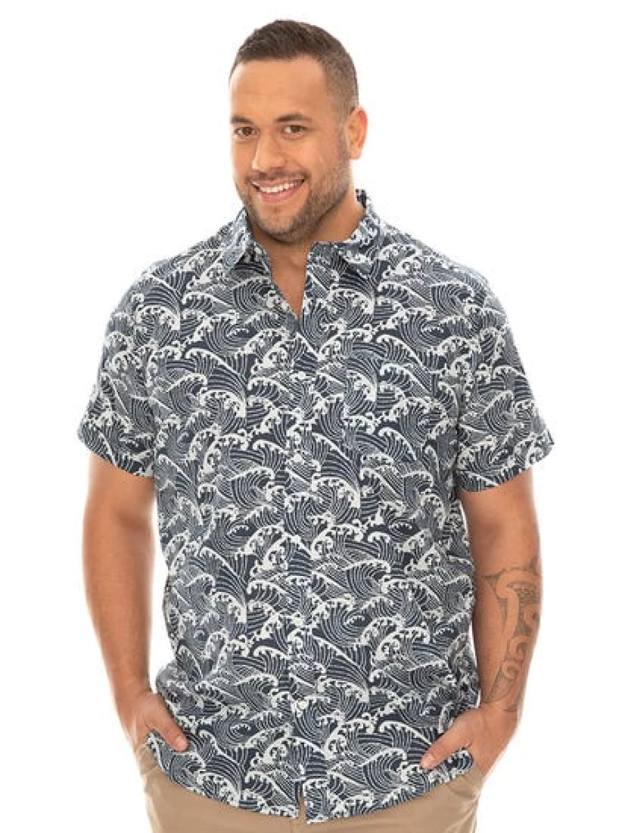DBK Men's Navy Japanese Wave Print Casual Shirt - Stylish & Comfortable
