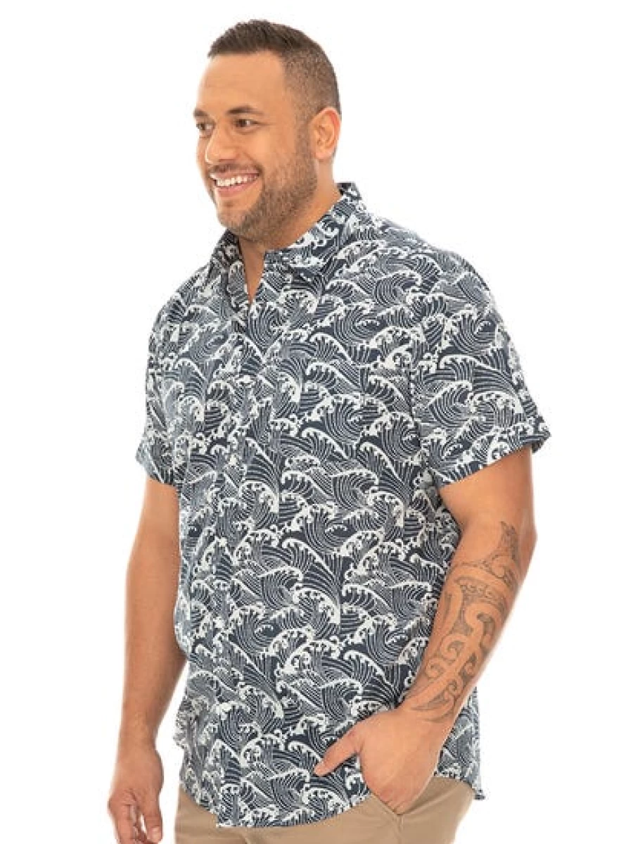 DBK Men's Navy Japanese Wave Print Casual Shirt - Stylish & Comfortable