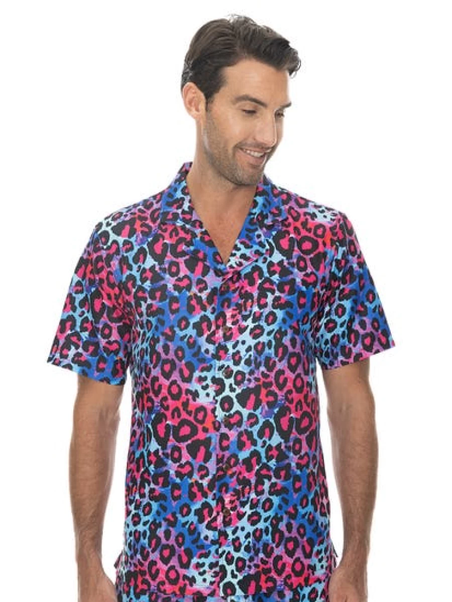 Pacifica Men's Neon Leopard Print Short Sleeve Party Shirt - Bold Matching Top