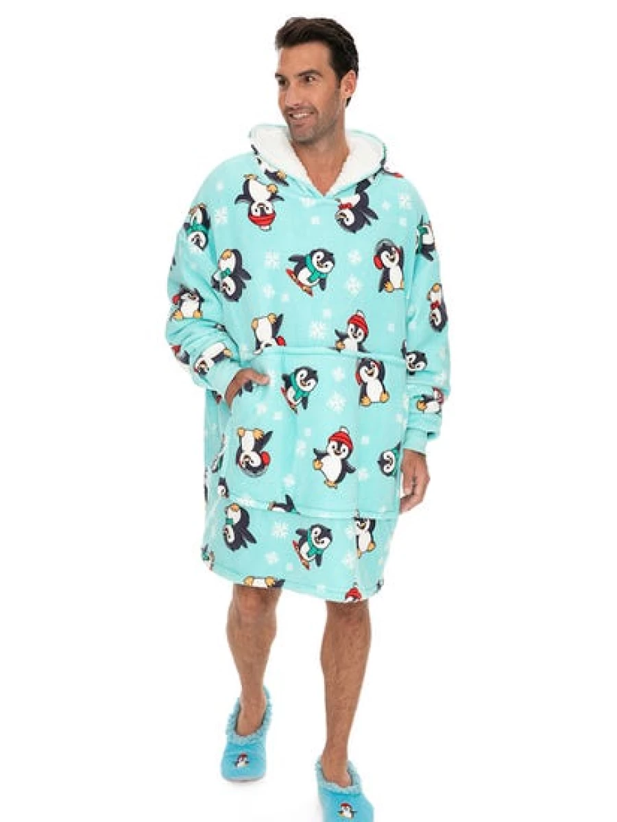 Lowes Men's Penguin Blue Hooded Blanket - Cozy Fleece Wearable Throw for Warmth