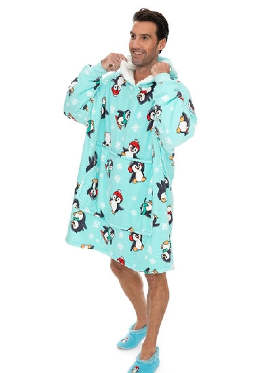 Lowes Men's Penguin Blue Hooded Blanket - Cozy Fleece Wearable Throw for Warmth
