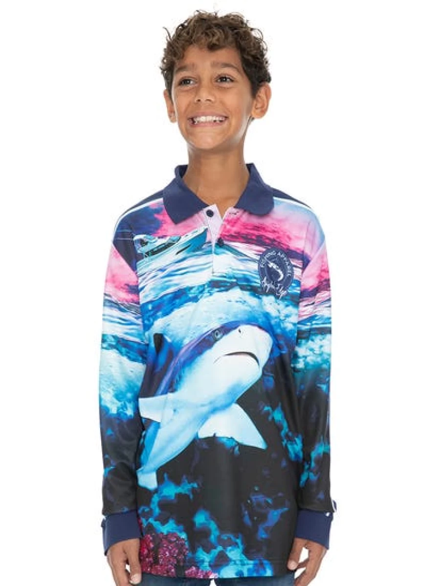 Anglers Edge Kids Shark Print Long Sleeve Fishing Polo Shirt - Pink & Navy