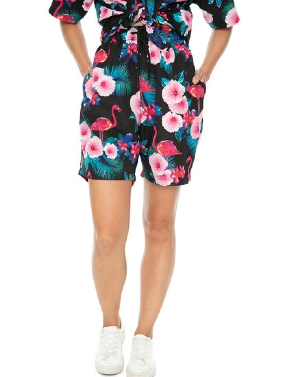 Lowes Men's Black Flamingo & Hibiscus Printed Shorts - Casual Summer Beachwear
