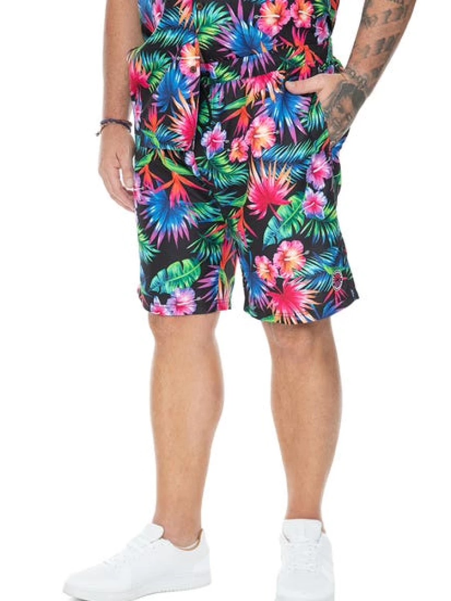 BUILT N FIT Men's Bright Tropical Print Workout Shorts - Quick Dry Gym & Running Shorts