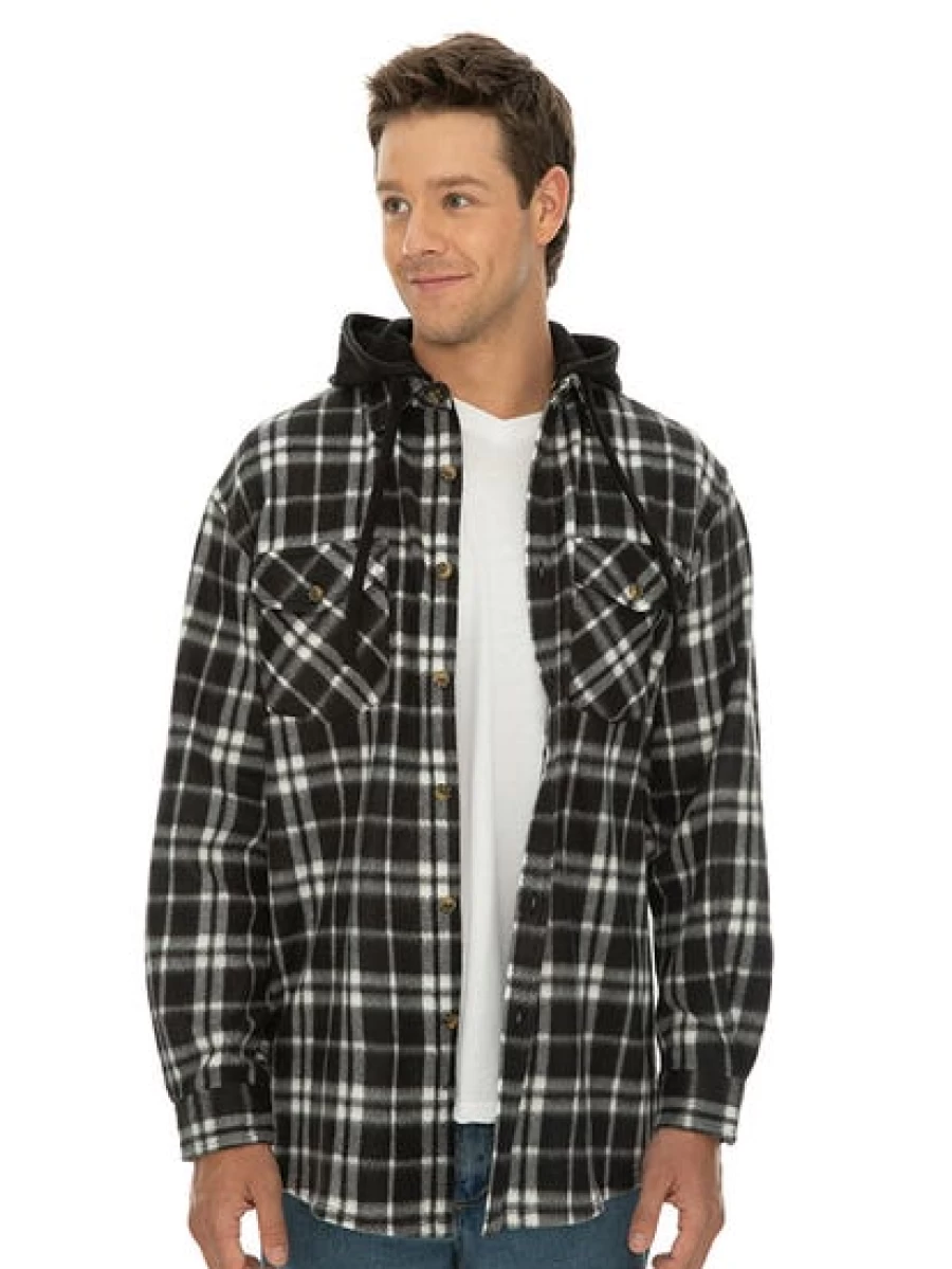 Lowes Men's Black Check Polar Fleece Hooded Shirt - Warm & Comfortable