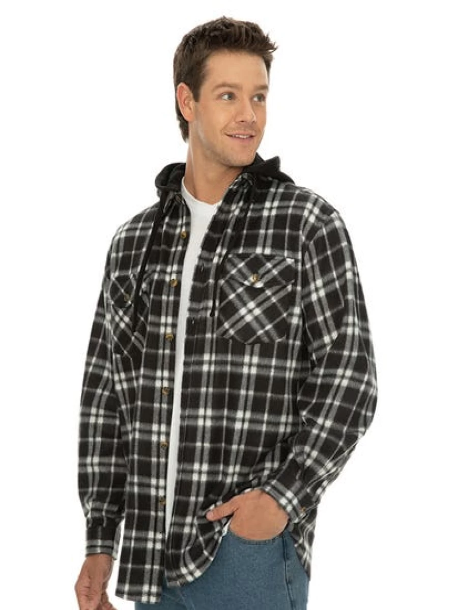 Lowes Men's Black Check Polar Fleece Hooded Shirt - Warm & Comfortable