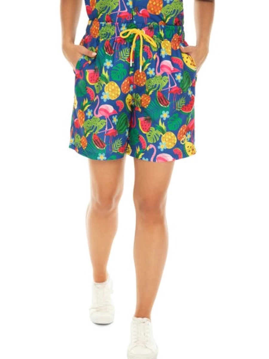 Men's Flamingo Fruit Salad Print Party Shorts by Riley Adams - Cobalt Blue Casual Summer Shorts
