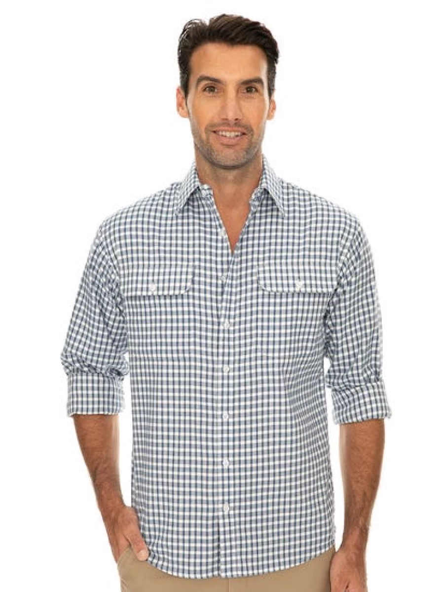 Bisley Men's Classic Blue Check Long Sleeve Shirt - Casual Button Down Oxford Style