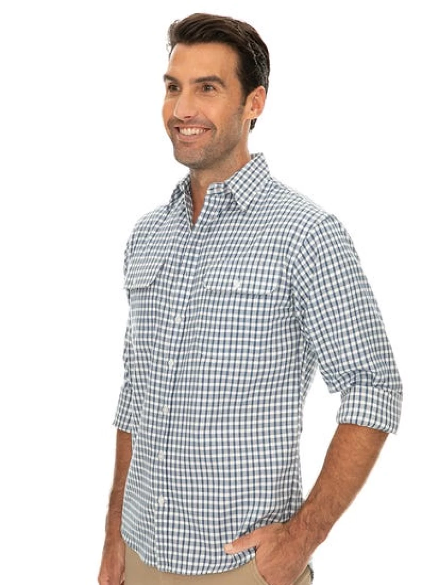 Bisley Men's Classic Blue Check Long Sleeve Shirt - Casual Button Down Oxford Style