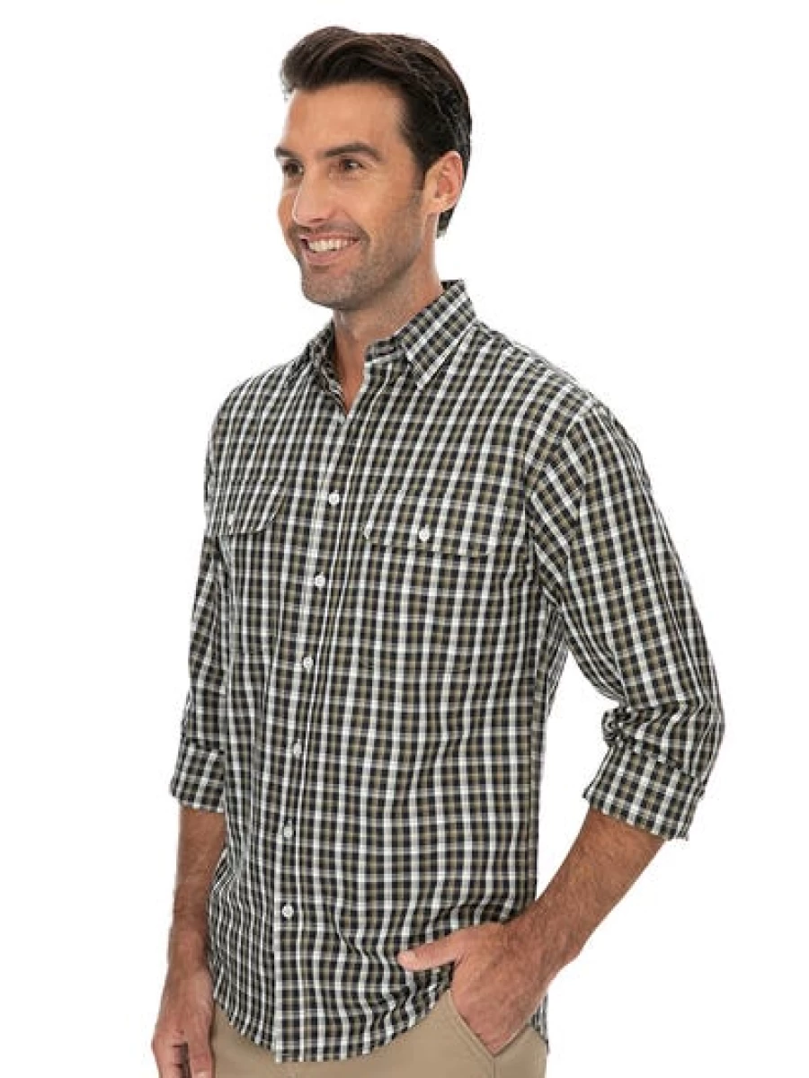 Bisley Men's Taupe Long Sleeve Check Shirt - Classic Plaid Casual Button-Up