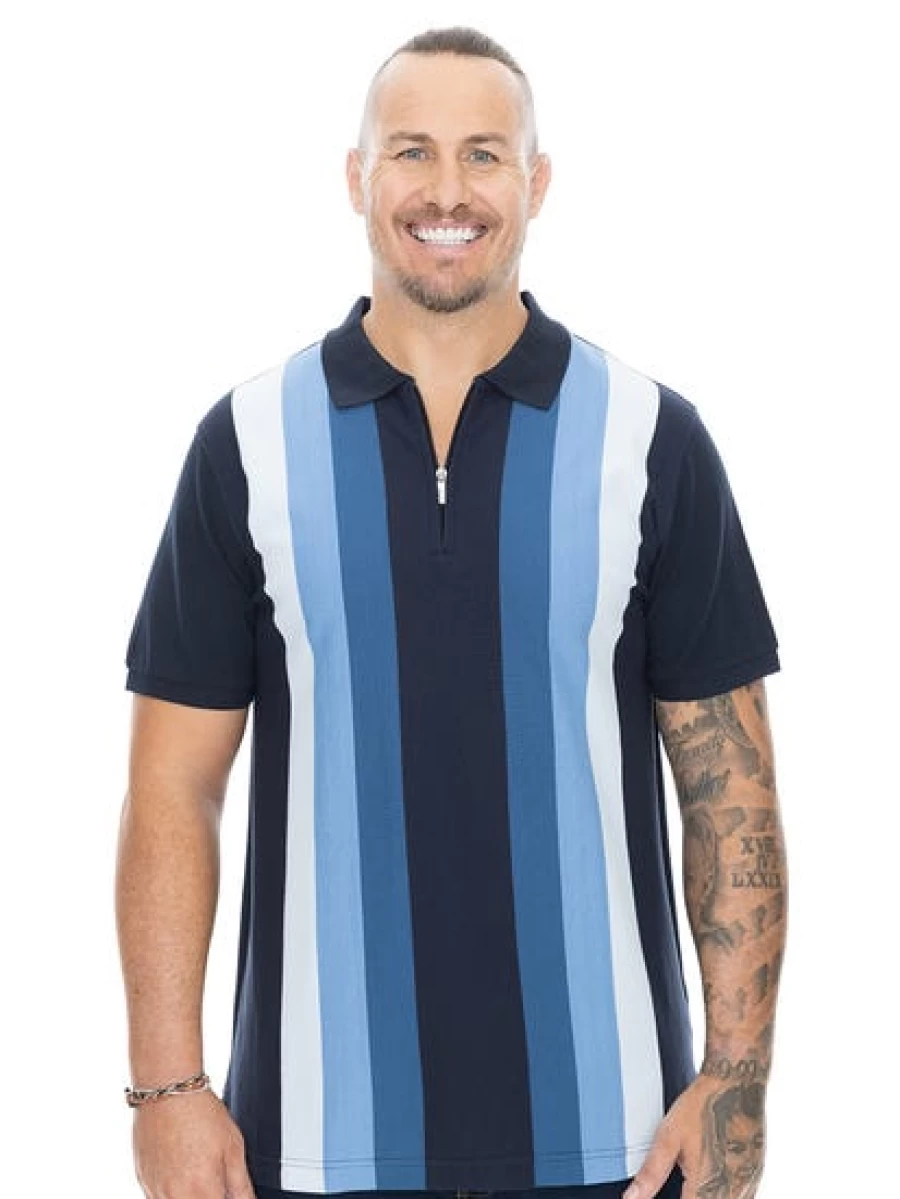 Built N Fit Men's Navy Vertical Stripe Polo Shirt - Big & Tall Sizes