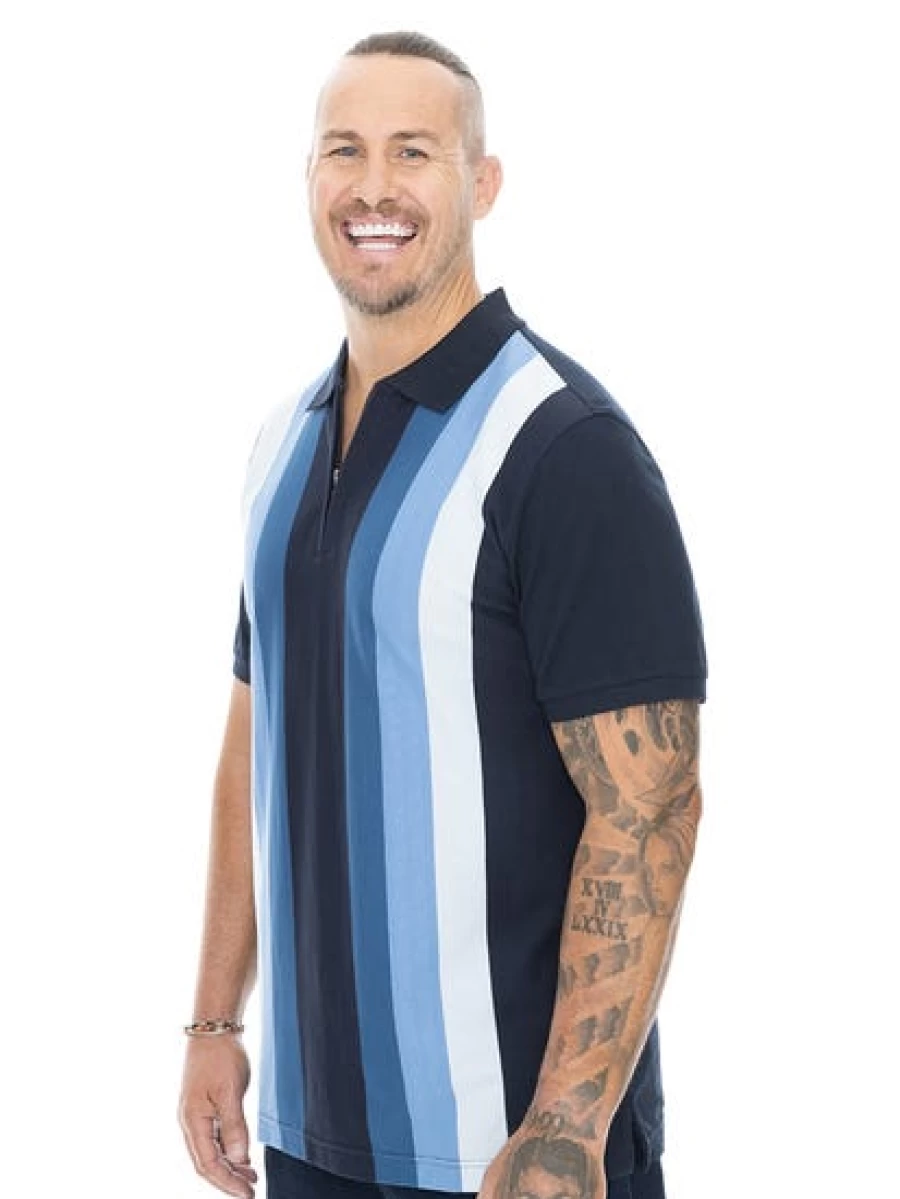 Built N Fit Men's Navy Vertical Stripe Polo Shirt - Big & Tall Sizes