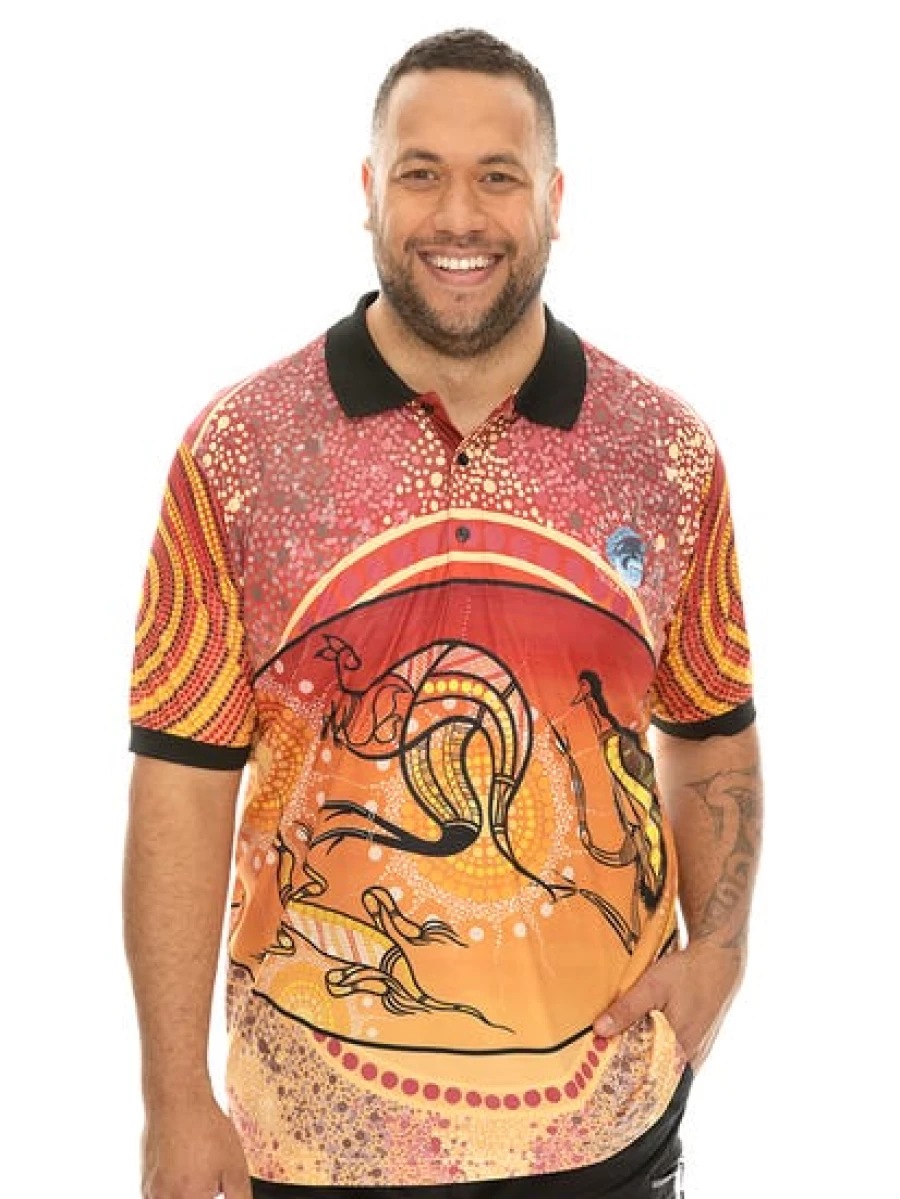DBK Men's Aboriginal Art Polo Shirt - Orange Cultural Print Top