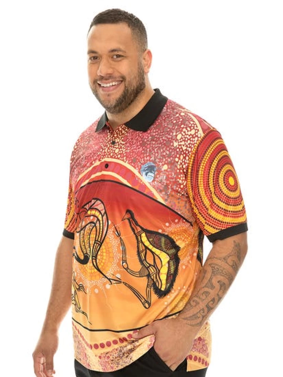 DBK Men's Aboriginal Art Polo Shirt - Orange Cultural Print Top