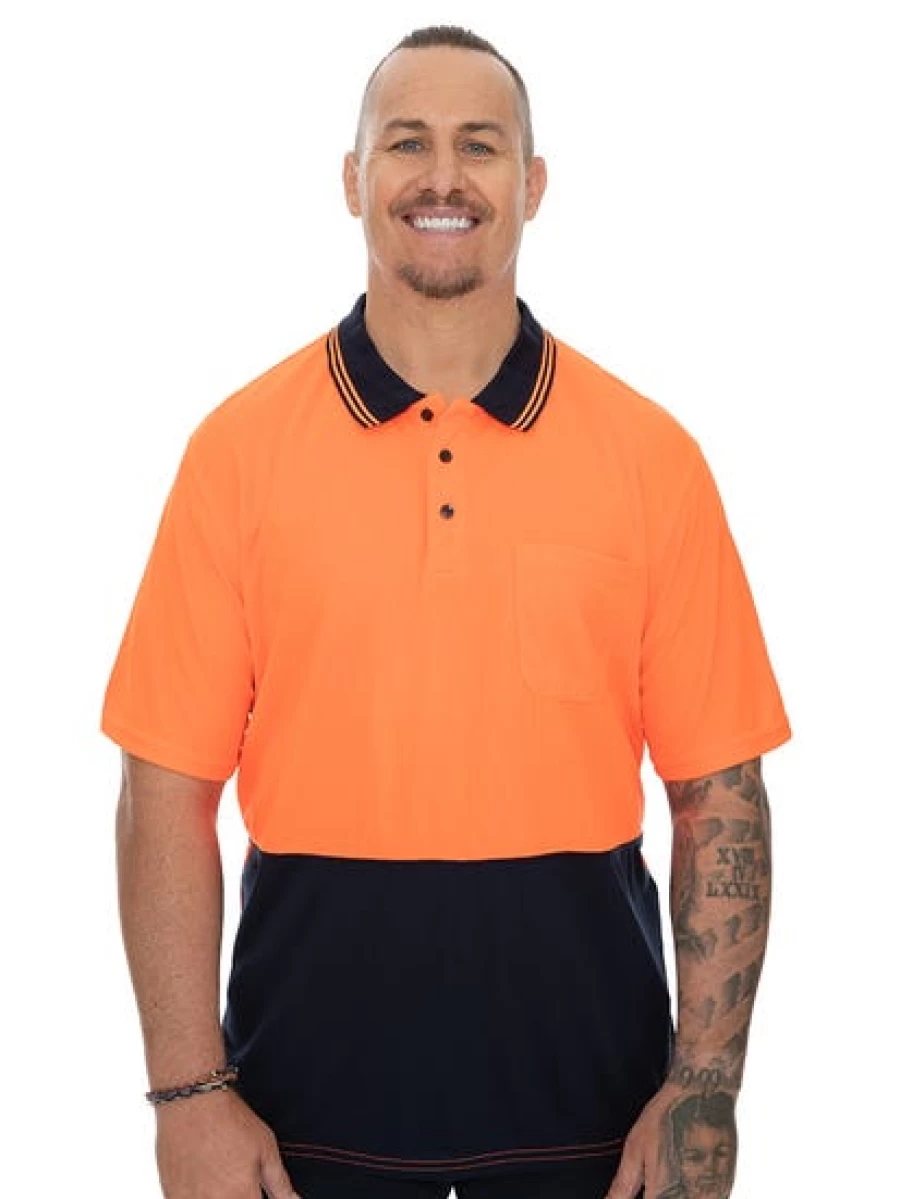 Men's High-Visibility Cool Dry Polo Shirt - Traders Brand Orange & Navy Safety Workwear