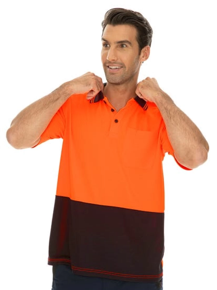 Men's High-Visibility Cool Dry Polo Shirt - Traders Brand Orange & Navy Safety Workwear