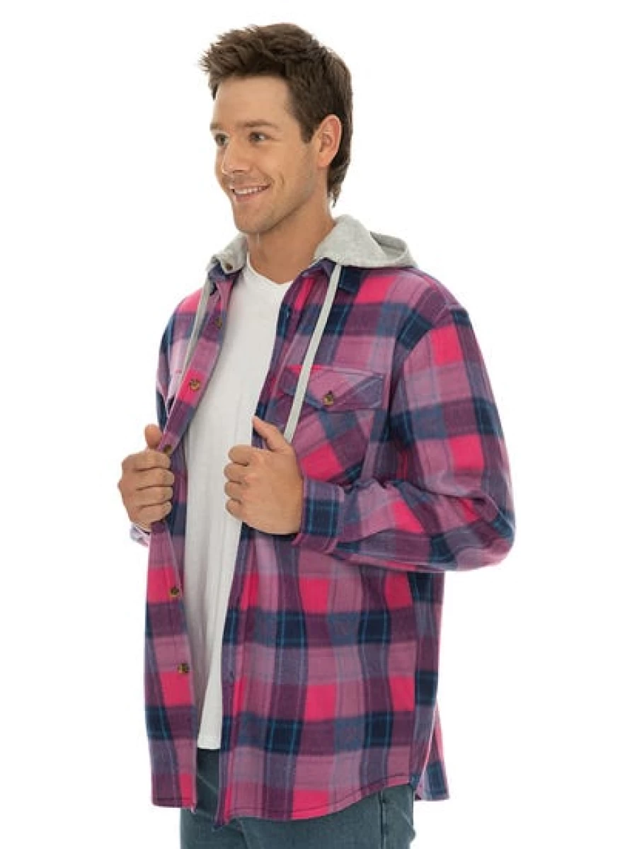 Lowes Men's Polar Fleece Hooded Shirt in Pink Check Pattern