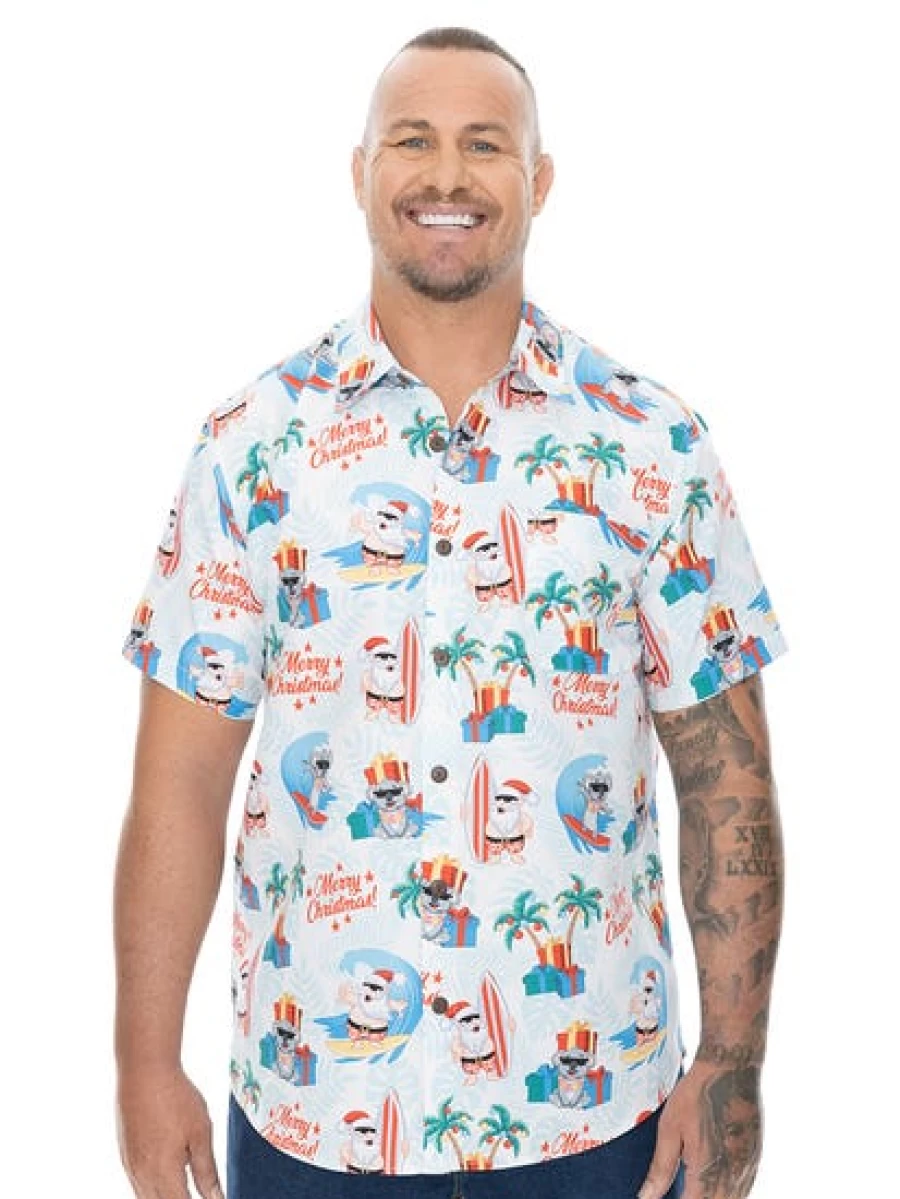 DBK Men's Big & Tall White Christmas Hawaiian Shirt - Holiday Aloha Print Shirt