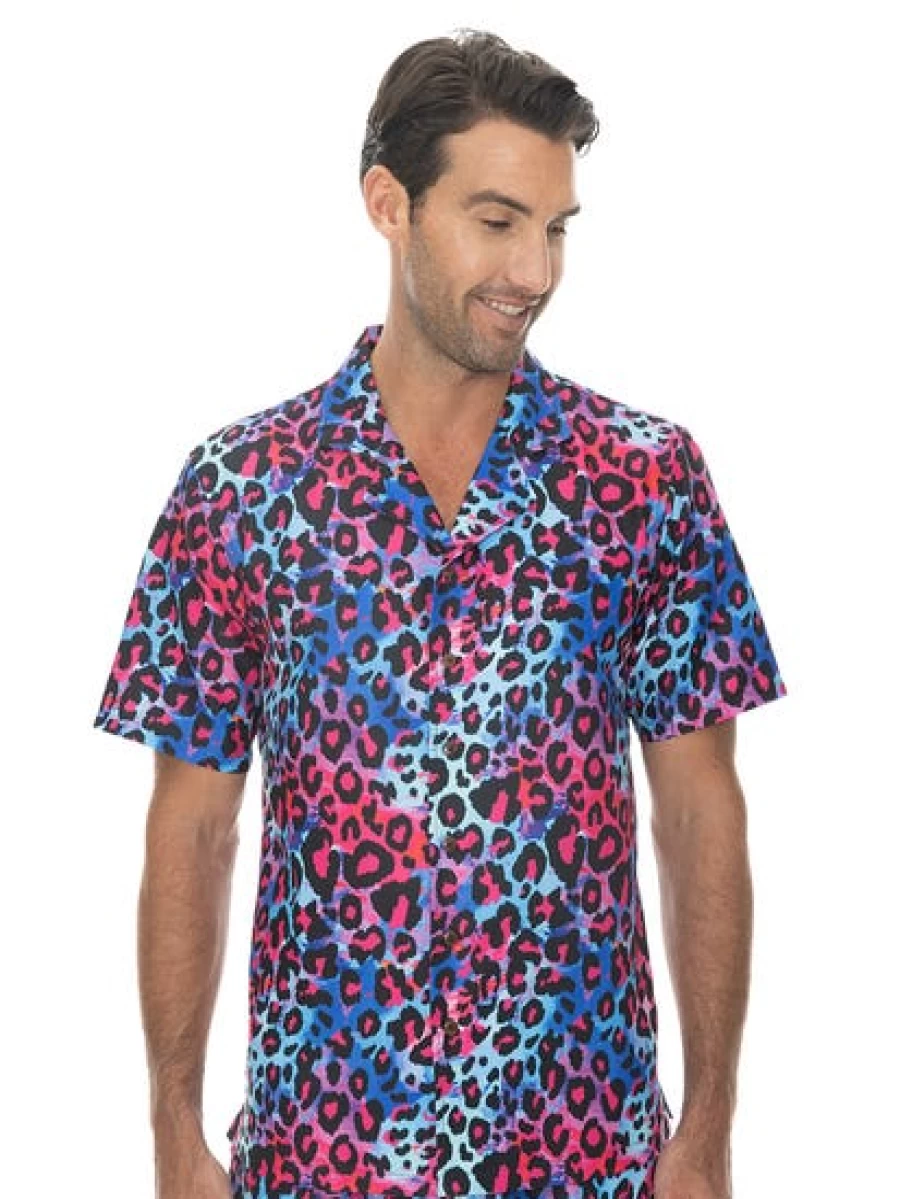 Pacifica Men's Neon Leopard Print Short Sleeve Party Shirt - Bold Matching Top