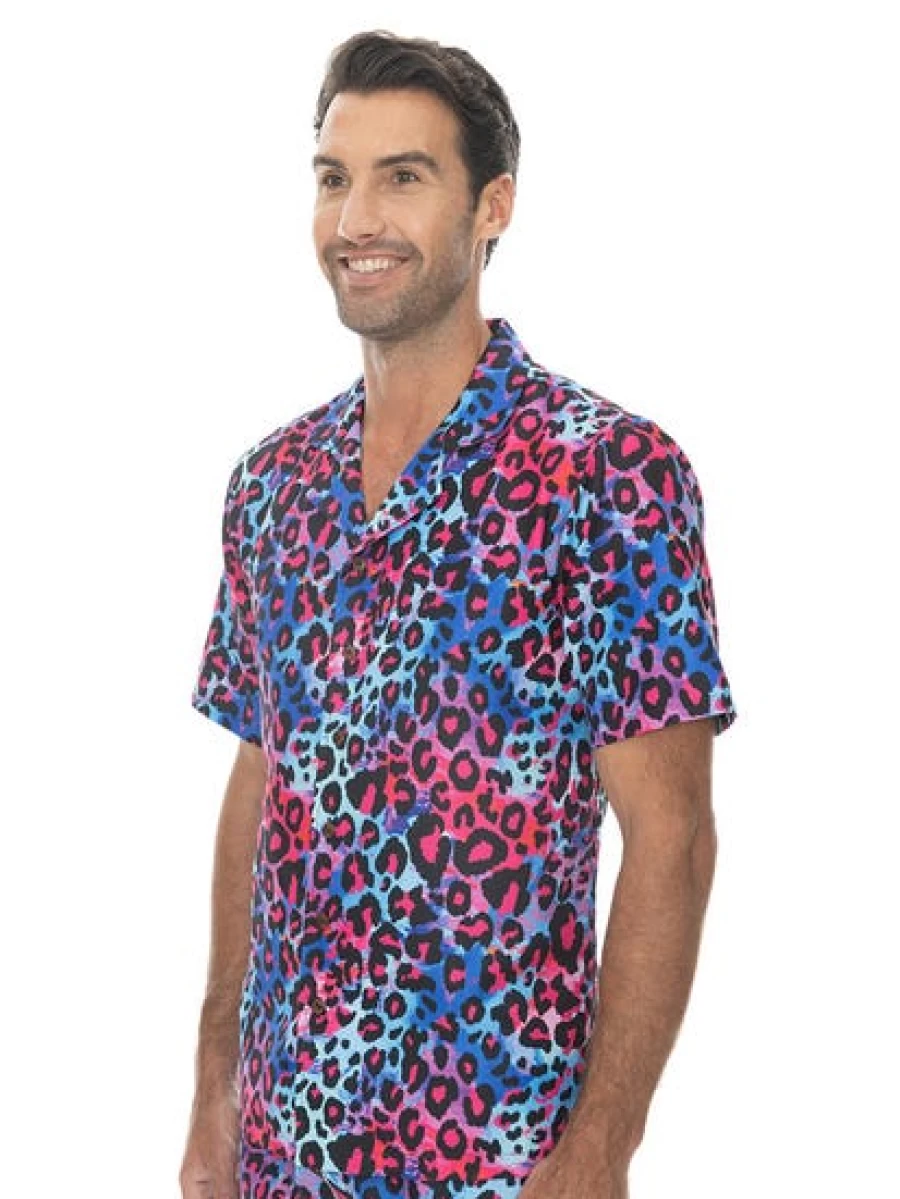 Pacifica Men's Neon Leopard Print Short Sleeve Party Shirt - Bold Matching Top