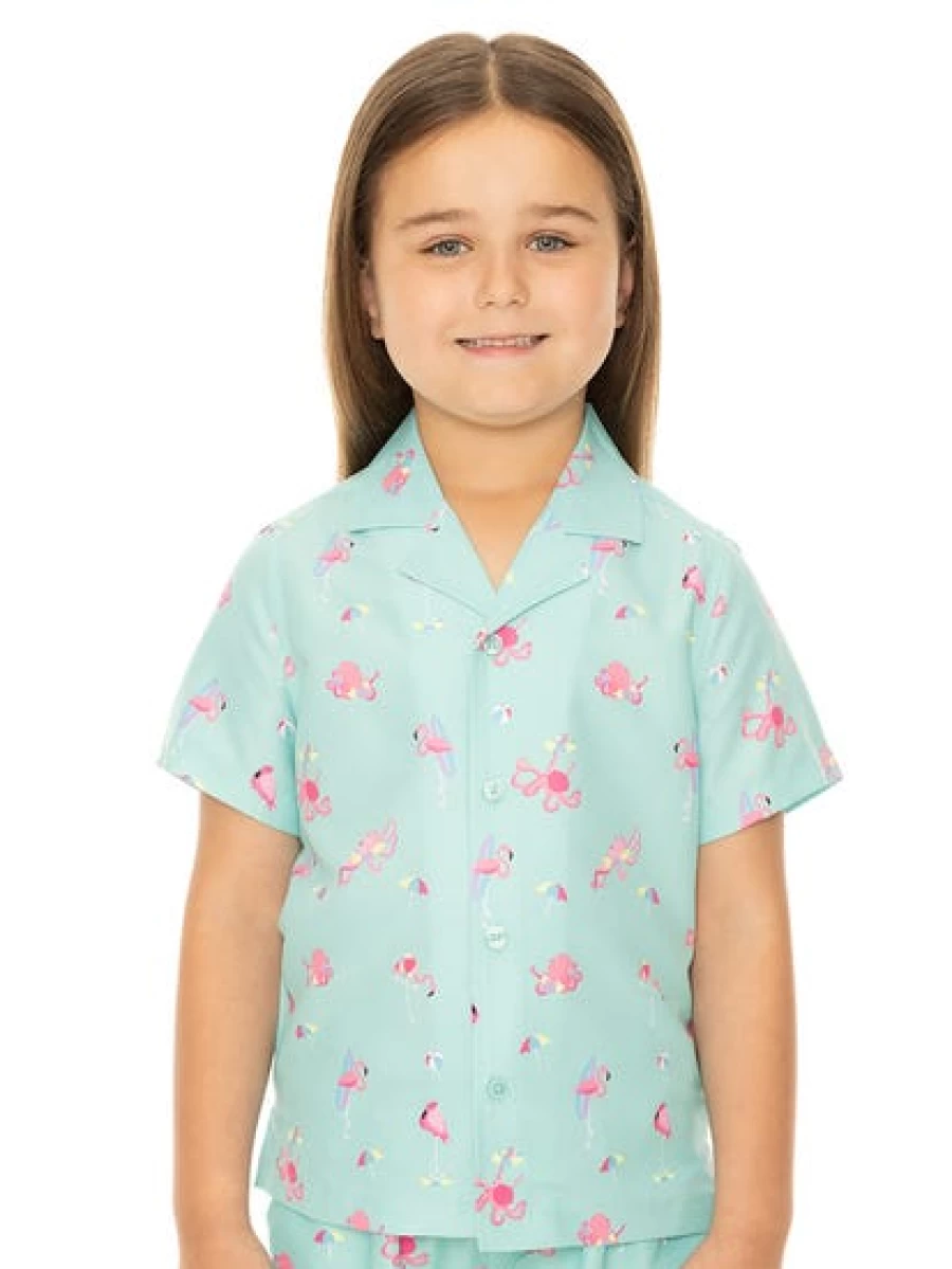 Pacifica Kids Flamingo Print Green Short Sleeve Shirt