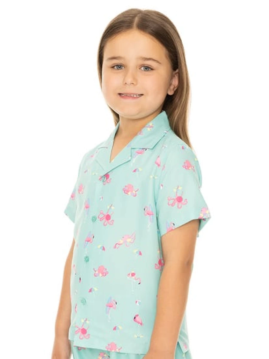 Pacifica Kids Flamingo Print Green Short Sleeve Shirt