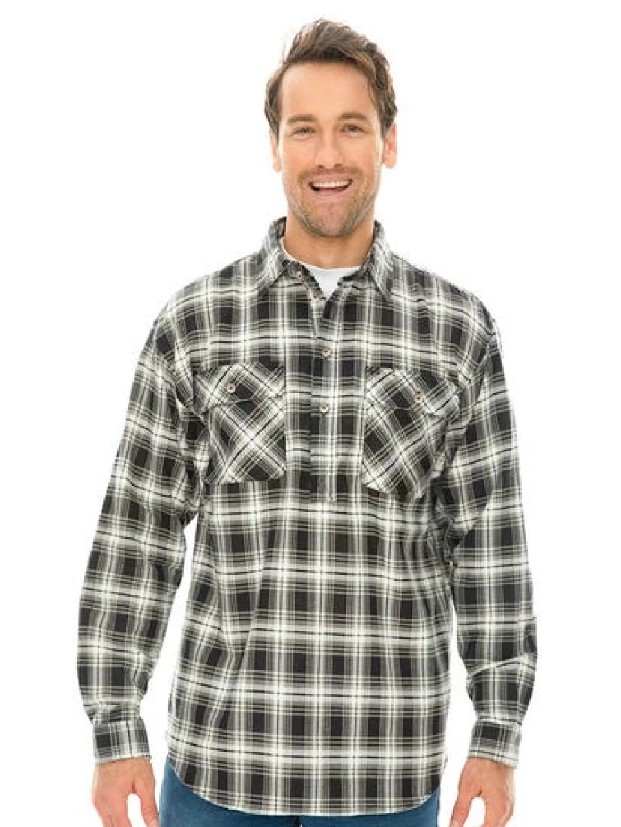 Lowes Men's Black & White Flannel Shirt with 1/4 Placket - Soft Plaid Long Sleeve Button-Up