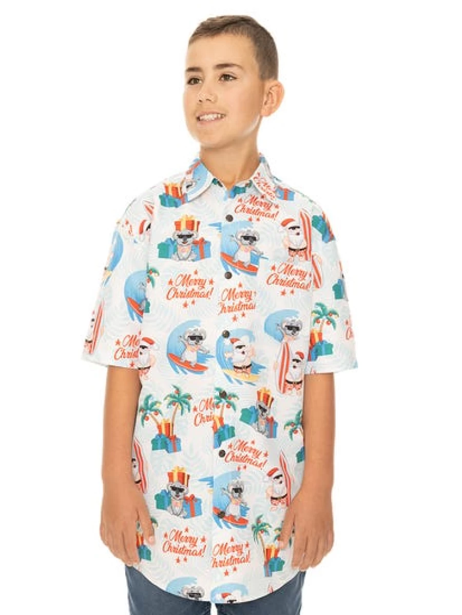 Lowes Kids Christmas Shirt - White Surfing Santa Printed Holiday Tee