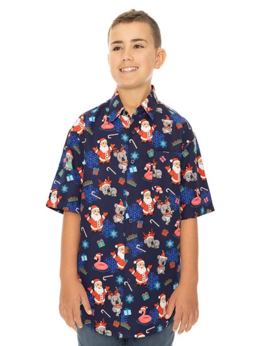 Lowes Men's Navy Christmas Shirt with Santa & Koala Print