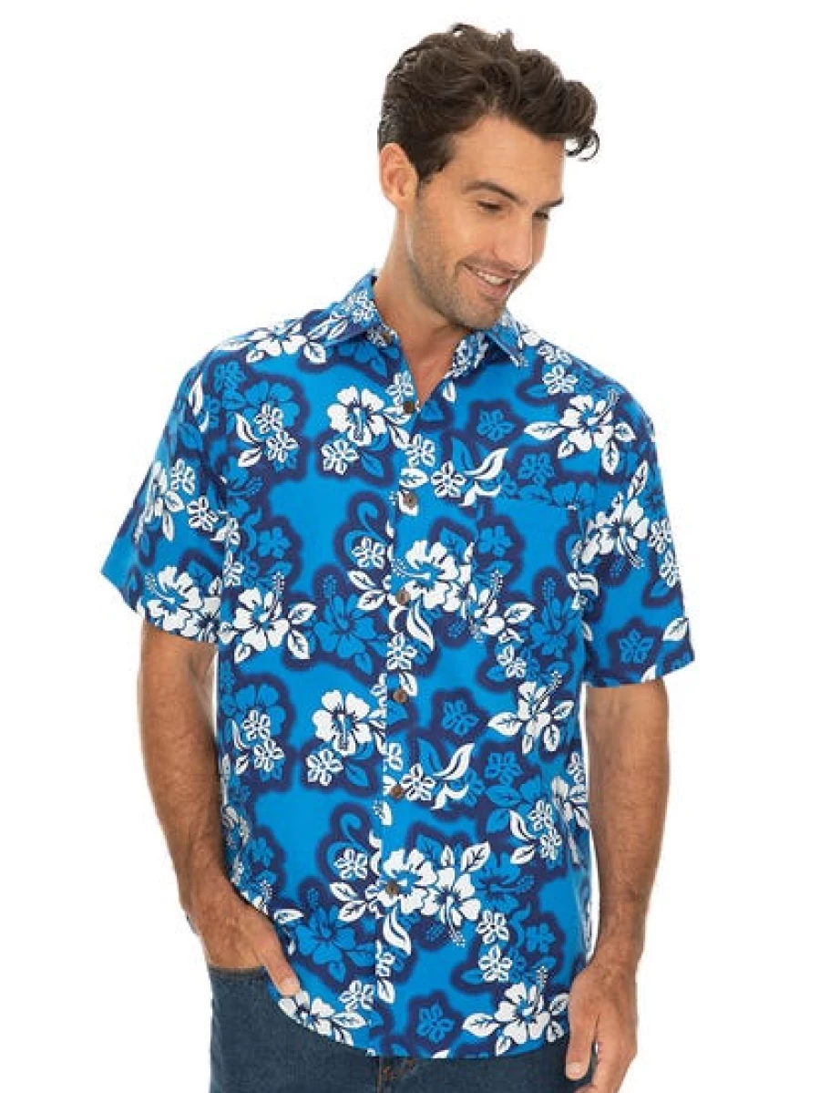 Lowes Men's Hawaiian Shirt with Blue Hibiscus Print - Casual Summer Aloha Shirt