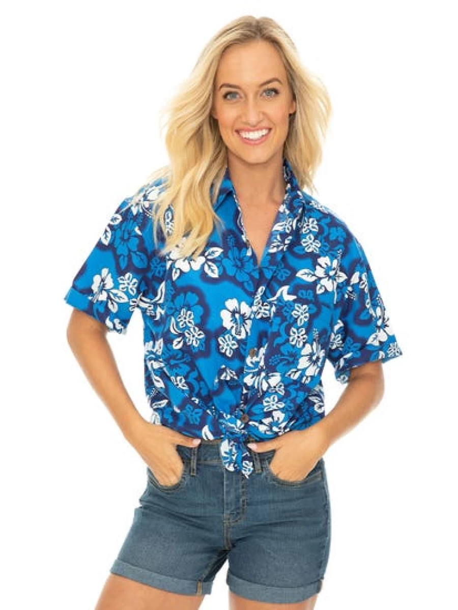 Lowes Men's Hawaiian Shirt with Blue Hibiscus Print - Casual Summer Aloha Shirt