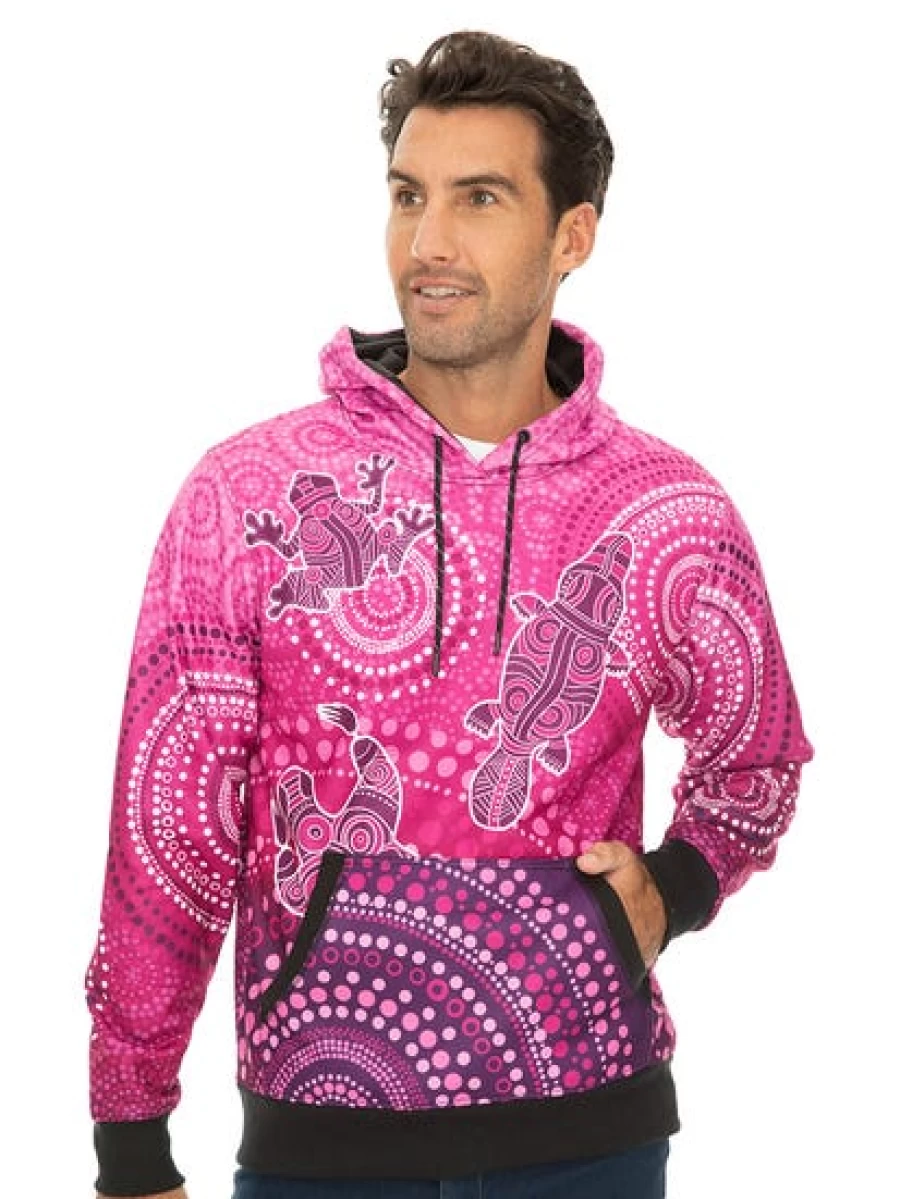 "Gwiyaala Men's Aboriginal Art Pink Hoodie - Authentic Indigenous Australian Design"