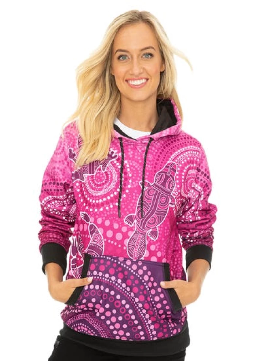 "Gwiyaala Men's Aboriginal Art Pink Hoodie - Authentic Indigenous Australian Design"