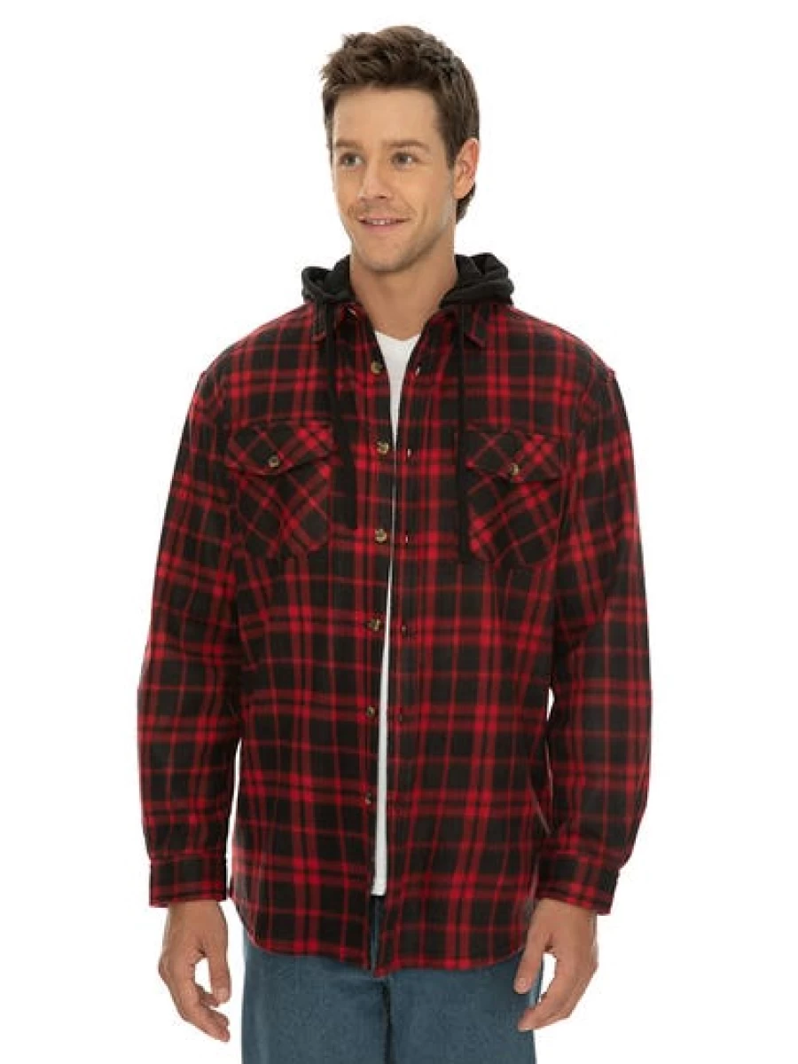 Lowes Men's Red Checked Polar Fleece Hooded Shirt - Warm Winter Pullover